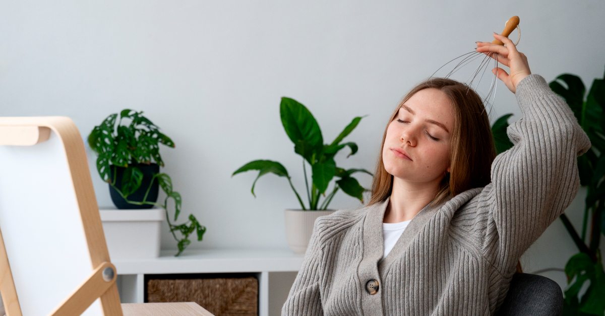 devojka sa masažerom za glavu